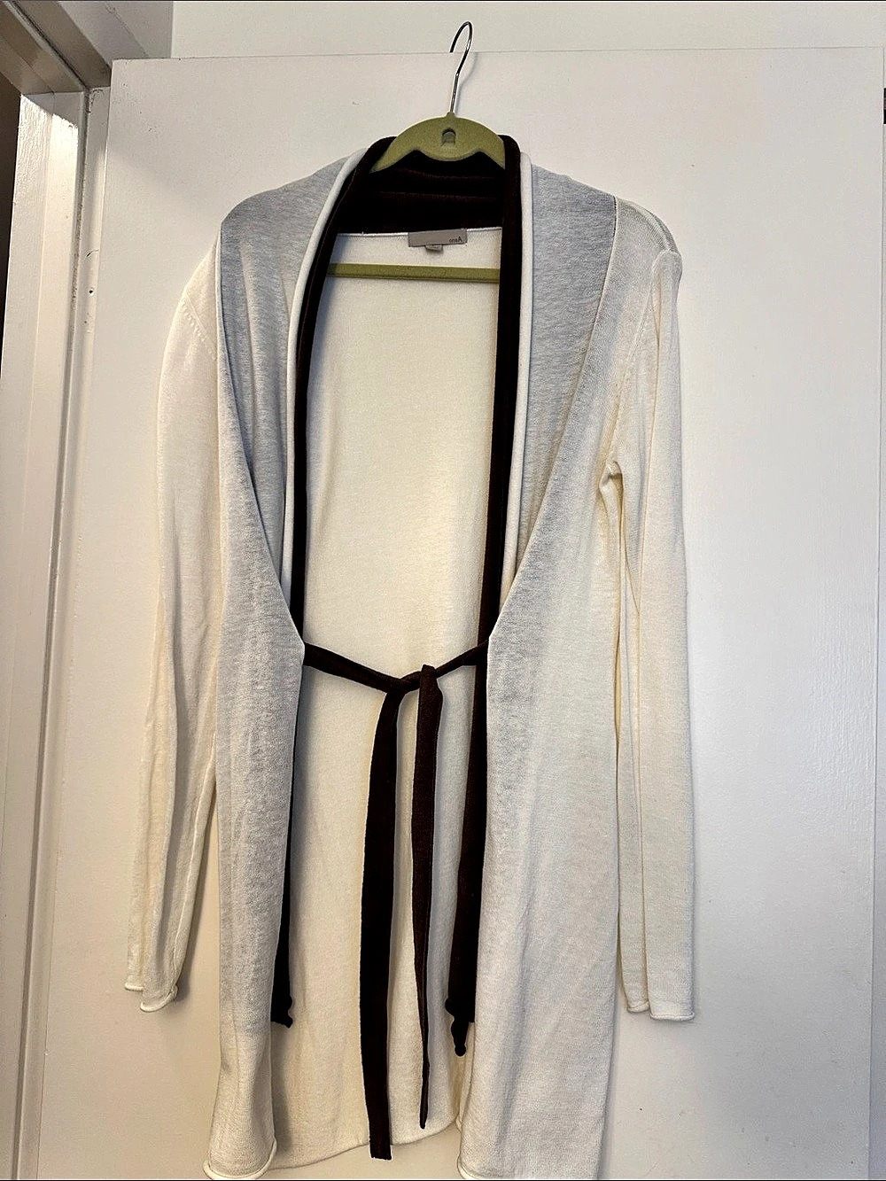 One A Open Front Tie Cardigan off white & Brown Large